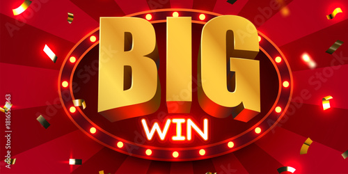Exciting Big Win banner with golden 3D text, illuminated frame, and falling confetti. Vector illustration