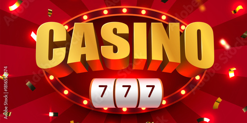 Vibrant golden Casino sign with lucky 777 jackpot on a red background. Vector illustration.