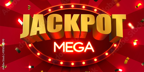 Mega Jackpot 3D golden text with glowing frame and confetti on a red background. Vector illustration.