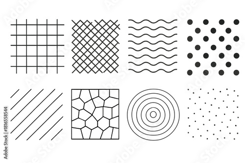 Geometric Pattern Collection. Background patterns linear icon set: grid lines, crosshatch field, wavy band, polka dot spread, diagonal stripe, mosaic tile, ripple circle, speckle