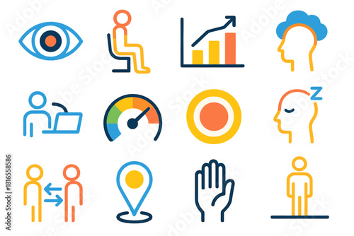Human Factors Icons. Human Factors Awareness Collection flat icon set: focus eye, posture outline, workload chart, decision bubble, human–system link, comfort gauge, awareness ring