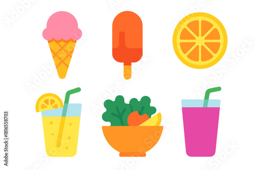 Vibrant Summer Icons. Summer Treats Set flat icon set: ice cream cone, popsicle, fruit slice, lemonade cup, salad bowl, smoothie glass