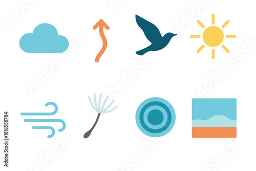 Sky Elements Icons. Skyborne Features flat icon set: drifting cloud, thermal updraft line, soaring bird silhouette, high-altitude sun, gentle breeze arc, floating seed tuft, sky
