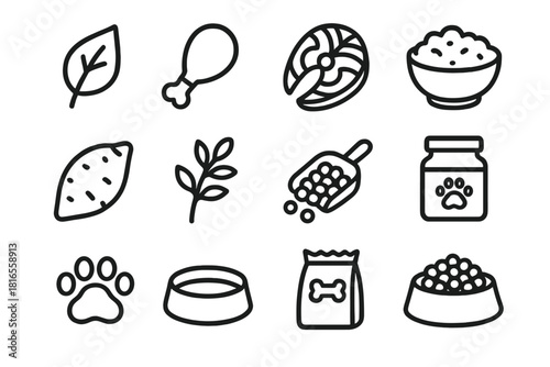 Pet Nutrition Icons. Natural Pet Food linear icon set. organic leaf, chicken leg, salmon fillet, rice bowl, sweet potato, herb sprig, kibble scoop, jar, paw print, water bowl