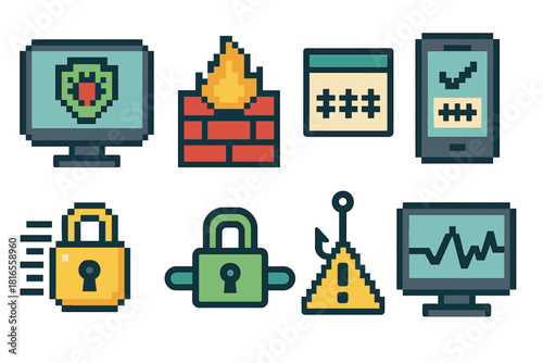 Pixel Art Cybersecurity Icons. Cybersecurity tools pixel style icon set: antivirus software, firewall wall, password manager, multi-factor authentication, encryption lock, secure
