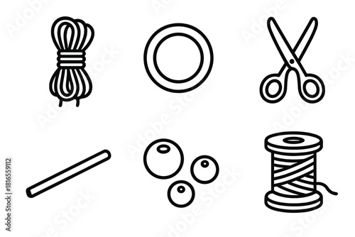 Crafting Tools Icons. Craft Materials linear icon set. cotton cord, wooden ring, scissors, dowel rod, beads, spool of thread