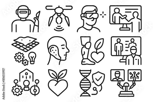 Futuristic Surgical Innovations. Future of Surgery linear icon set: AI surgeon assistant, nanobot tool, augmented reality glasses, virtual planning screen, regenerative tissue