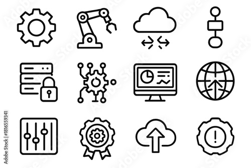 Automation Icon Set. Process Automation linear icon set. gear icon, robotic arm, data flow, cloud symbol, workflow chart, secure server, automation circuit, dashboard screen