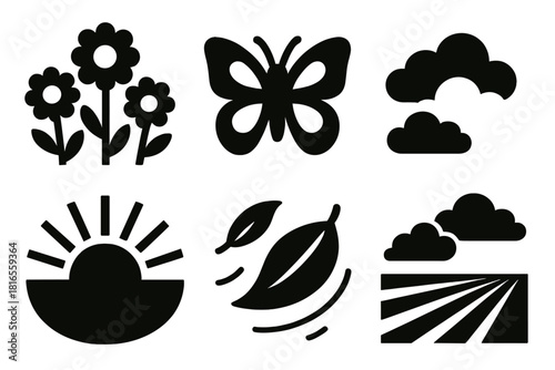 Spring Breeze Icons. Spring Breeze silhouette icon set. blooming flowers, butterfly, soft clouds, sun rays, leaf flutter, open field.