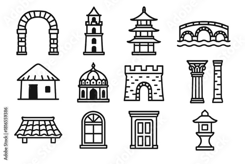 Heritage Icons Collection. Architectural Heritage Icons linear icon set: stone archway, historic tower, wooden pagoda, old bridge, clay hut, ornate dome, fortress wall, carved