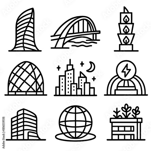 Futuristic Cityscape Icons. Futuristic Architecture linear icon set. curved skyscraper, light bridge, eco tower, energy hub, transparent structure, night city, dome sphere, rooftop