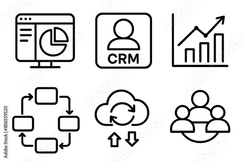 Business Dashboard Icons. Business Integration linear icon set. ERP dashboard, CRM icon, analytics chart, workflow arrows, cloud sync, team collaboration.