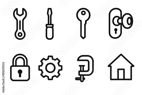 Locksmith Tools Icons. Locksmith tools concept linear icon set: wrench, screwdriver, key blank, door knob, padlock, gear, hand tool, house