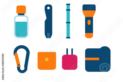 Essential Travel Gadgets. Essential Travel Minis flat icon set: pocket vial, slim multitool bar, collapsible straw, compact torch, travel clip, micro pouch, small charger cube
