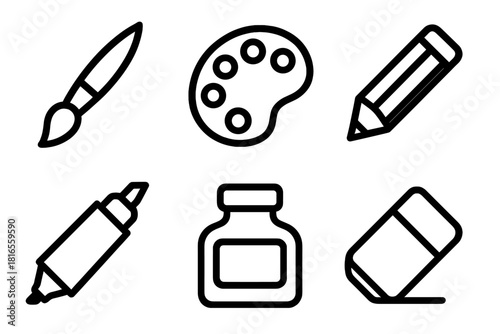 Art Tools Icons. Art Tools Set linear icon set: paintbrush, palette, pencil, marker, ink bottle, eraser