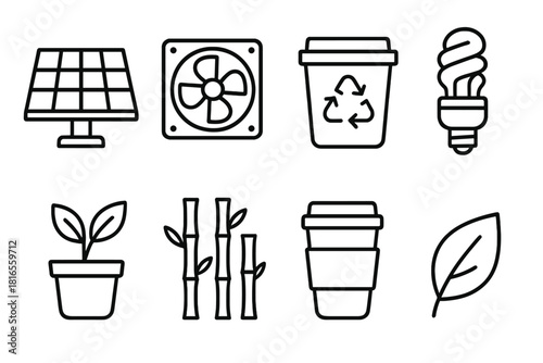 Sustainable Office Icons. Sustainable Office linear icon set: solar panel, ventilation fan, recycling bin, energy bulb, potted plant, bamboo divider, reusable cup, leaf icon