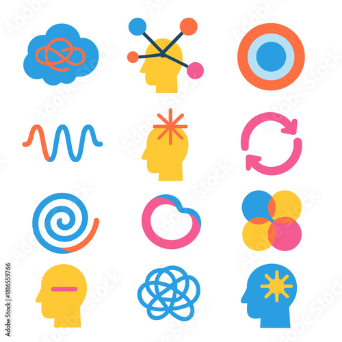 Mental Restlessness Icons. Mental Restlessness flat icon set: racing thoughts cloud, scattered ideas nodes, unfocused lens, looping thought arrows, mental jitter line, agitation