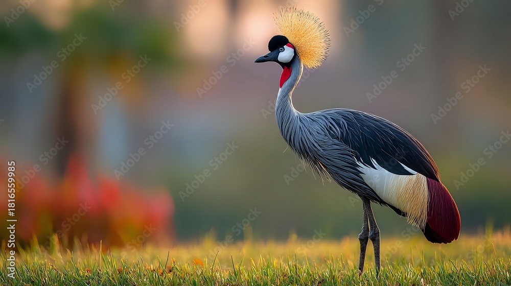Naklejka premium Grey crowned crane with distinctive golden crest standing in lush green grass at sunset, showcasing elegant plumage and regal posture.