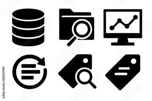 Brutalist Data Icons. Data Search silhouette icon set: database icon, folder magnifier, query command, analytics chart, search history, metadata tag