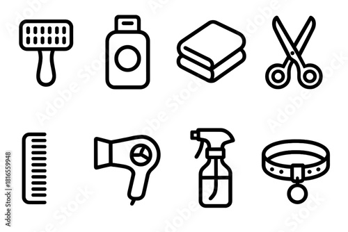 Grooming Tools Icons. Grooming Essentials linear icon set. brush, shampoo bottle, towel, scissors, comb, dryer, spray bottle, collar