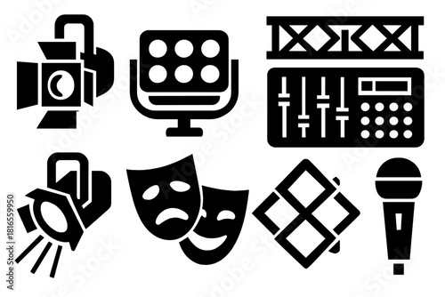Bold Stage Lighting Icons. Stage Lighting silhouette icon set: spotlight, floodlight, truss, control board, beam light, theater mask, color filter, microphone