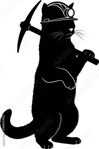 Silhouette miner cat with pickaxe
