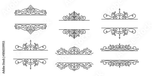 Set of Vintage decorative lines. text dividers. Line border. Lines separators, Borders, Set of various doodle style line dividers and arrow icons for design