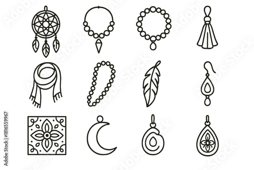Bohemian Accessory Icons. Bohemian accessories linear icon set. dreamcatcher, necklace, bracelet, tassel, beads, scarf, feather, ring, earring, charm, pattern tile, pendant