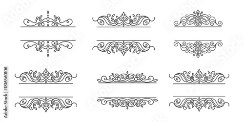 Set of Vintage decorative lines. text dividers. Line border. Lines separators, Borders, Set of various doodle style line dividers and arrow icons for design