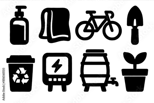Eco-Friendly Tools Icons. Environment-friendly practices tools silhouette icon set: refill bottle, cloth towel, bike, garden trowel, sorting bin, energy meter, rain barrel, plant