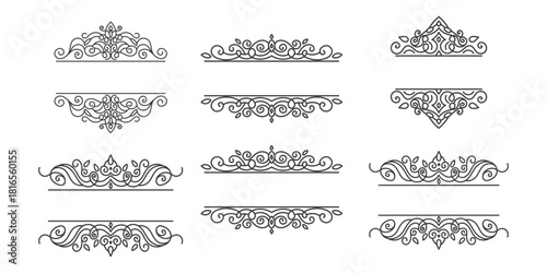 Set of Vintage decorative lines. text dividers. Line border. Lines separators, Borders, Set of various doodle style line dividers and arrow icons for design