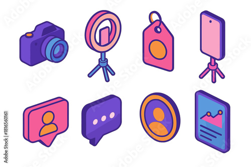 Influencer Icon Set. Influencer Tools flat icons set. camera, ring light, phone tripod, tag icon, follower badge, message icon, story highlight, analytics screen