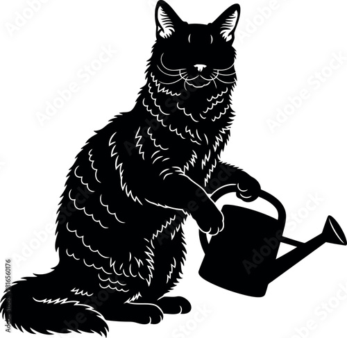 Black cat watering plants whimsical garden art