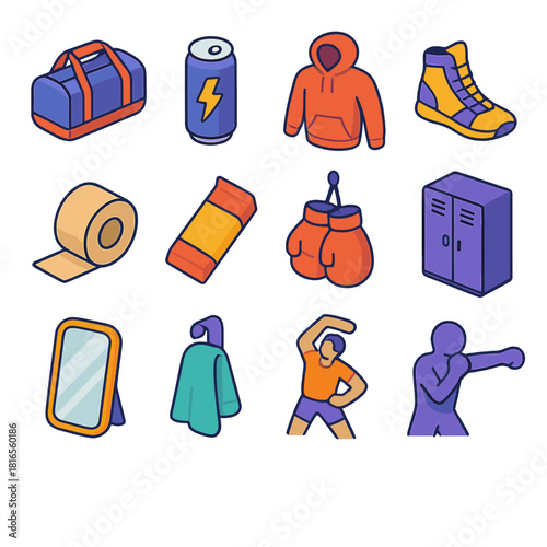 Boxing Essential Icons. Boxing lifestyle flat icons set. gym bag, energy drink, hoodie, shoes, tape roll, nutrition bar, gloves on hook, locker, mirror, gym towel, warm-up stretch
