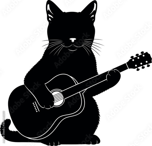 Black cat playing acoustic guitar silhouette
