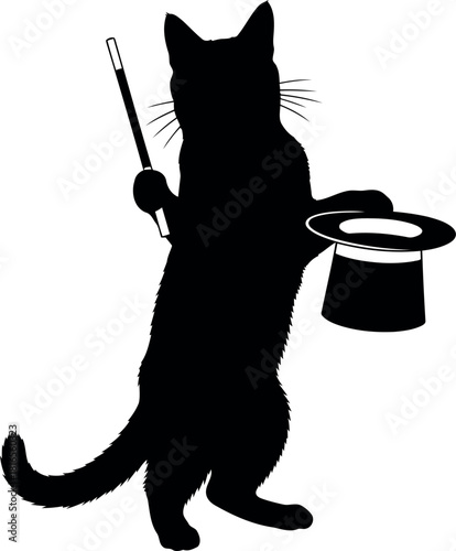 Black cat magician silhouette with wand and top hat