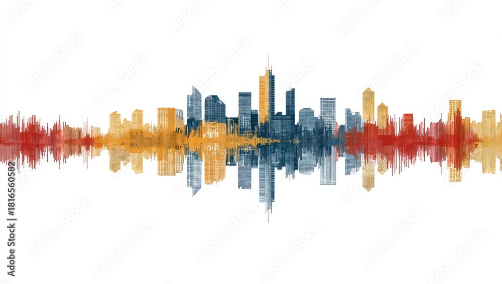 Naklejka premium Colorful silhouette of cityscape with audio wave representation reflected below