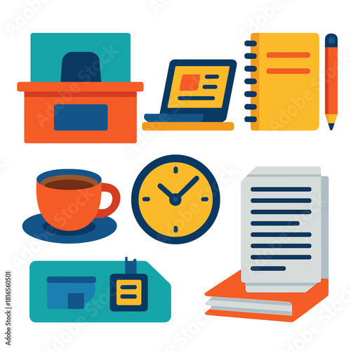 Modern Newsroom Icons. Newsroom Set flat icon set: desk, laptop, notepad, coffee cup, clock, stack of papers
