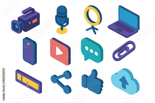 Vibrant Content Creation Icons. Content Creation flat icon set: video camera, microphone, ring light, laptop, smartphone, play icon, chat bubble, clip, timeline, share arrow, like