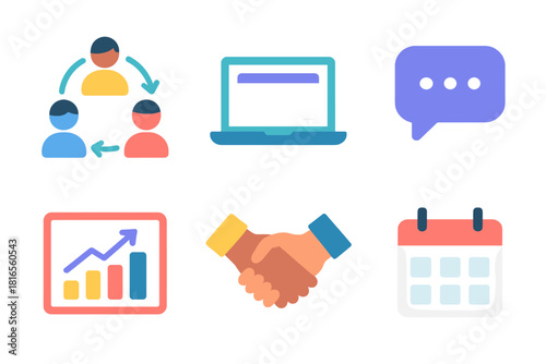 Minimal Collaborative Icons. Collaborative Work flat icon set: people circle, laptop, speech bubble, chart, handshake, calendar