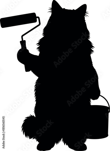 Cat painter silhouette with roller and paint can
