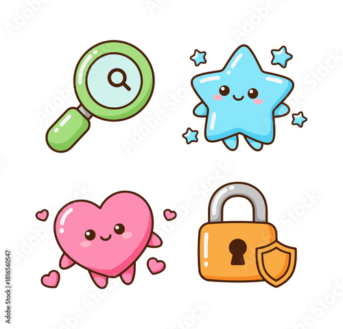 Set of cute candy-colored security, search, and cheerful fantasy characters icons: magnifying glass, sparkling star, happy heart, and locked padlock.