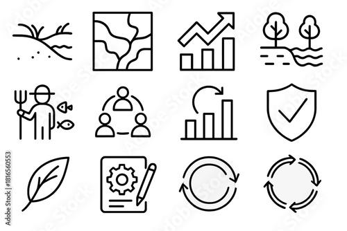 Adaptive Strategy Icons. Adaptation Strategy Collection linear icon set: coastal dune line, floodplain map, adaptive pathway arrow, climate buffer zone, livelihood shift icon