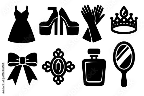 Bold Fashion Icons. High Fashion Set silhouette icon set. dress, runway heels, gloves, tiara, ribbon, brooch, perfume, mirror.