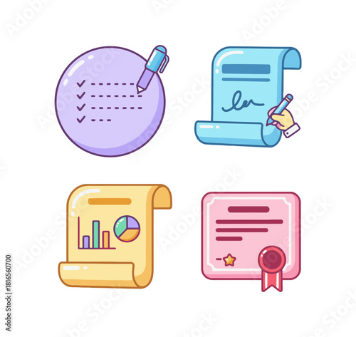 Cute candy-colored document and business planning icons set: checklist, contract signature, financial report chart, and achievement certificate.