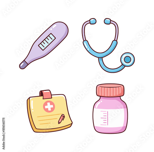 Set of cute candy-colored healthcare and medical icons: thermometer, stethoscope, medical chart clipboard, and medicine bottle on white background.