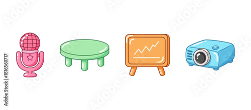 Cute candy-colored office and presentation icons set: microphone, table, whiteboard chart, and digital projector on white background illustration.