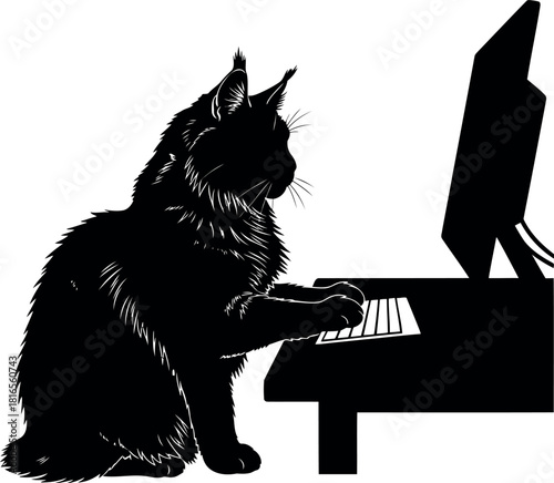 Maine coon cat typing on computer keyboard silhouette