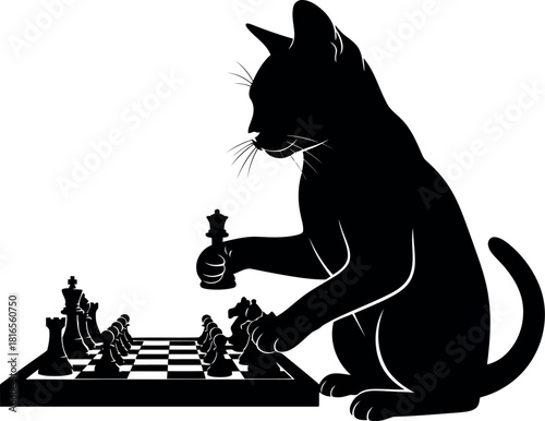 Black cat plays chess silhouette
