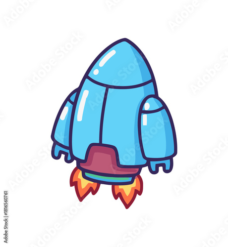 Cute candy-colored blue rocket ship icon launching with fire flame, representing startup, technology, and fast growth illustration.